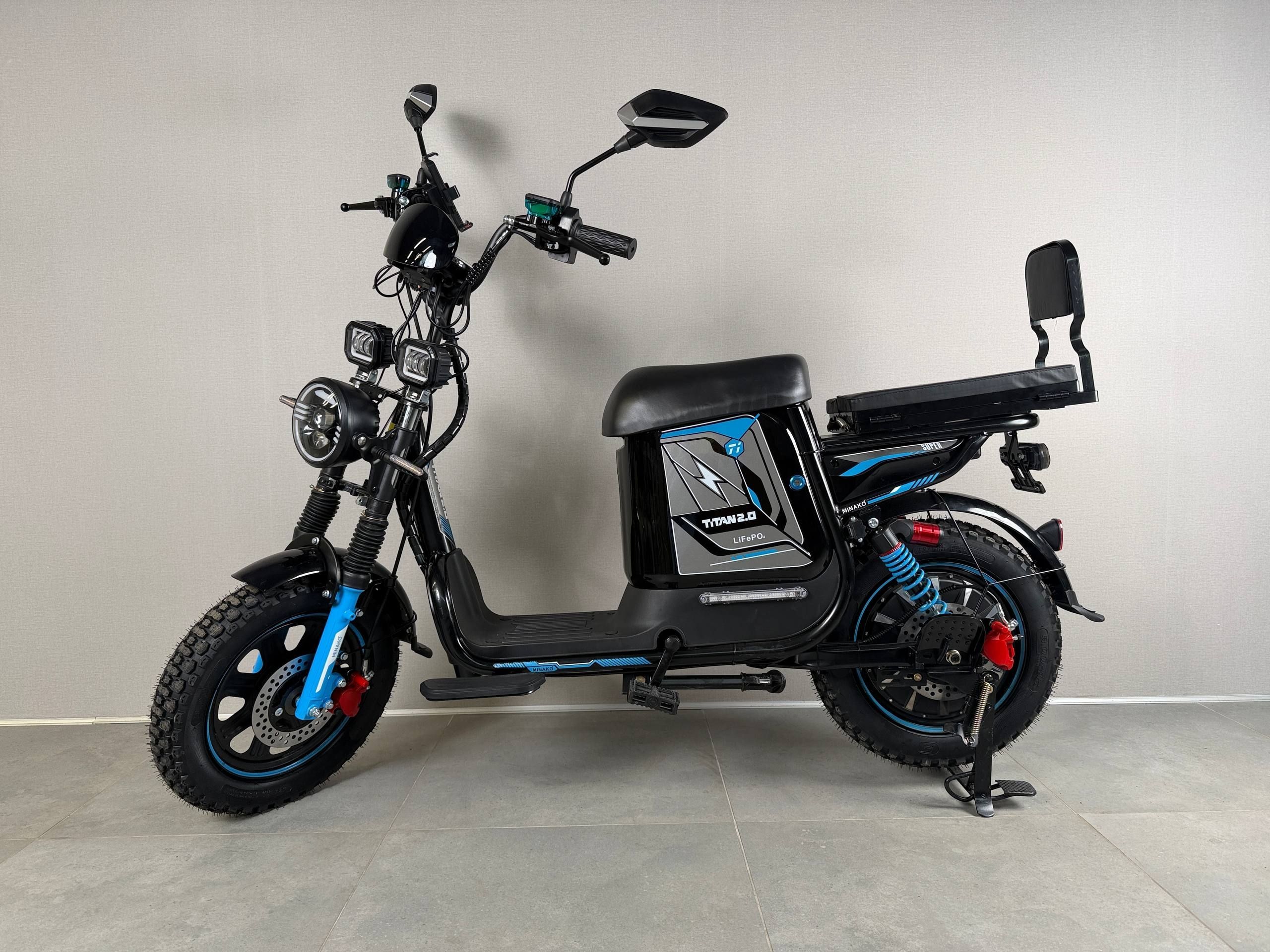 Електровелосипед Minako Titan 2.0 1500W 60V 35Ah LiFePO4, до 60 км/год &mdash; Off-Road 16&times;3", повна амортизація, гідравлічні гальма, 3 фари, PAS, з розкладним сидінням- багажник 603515 фото